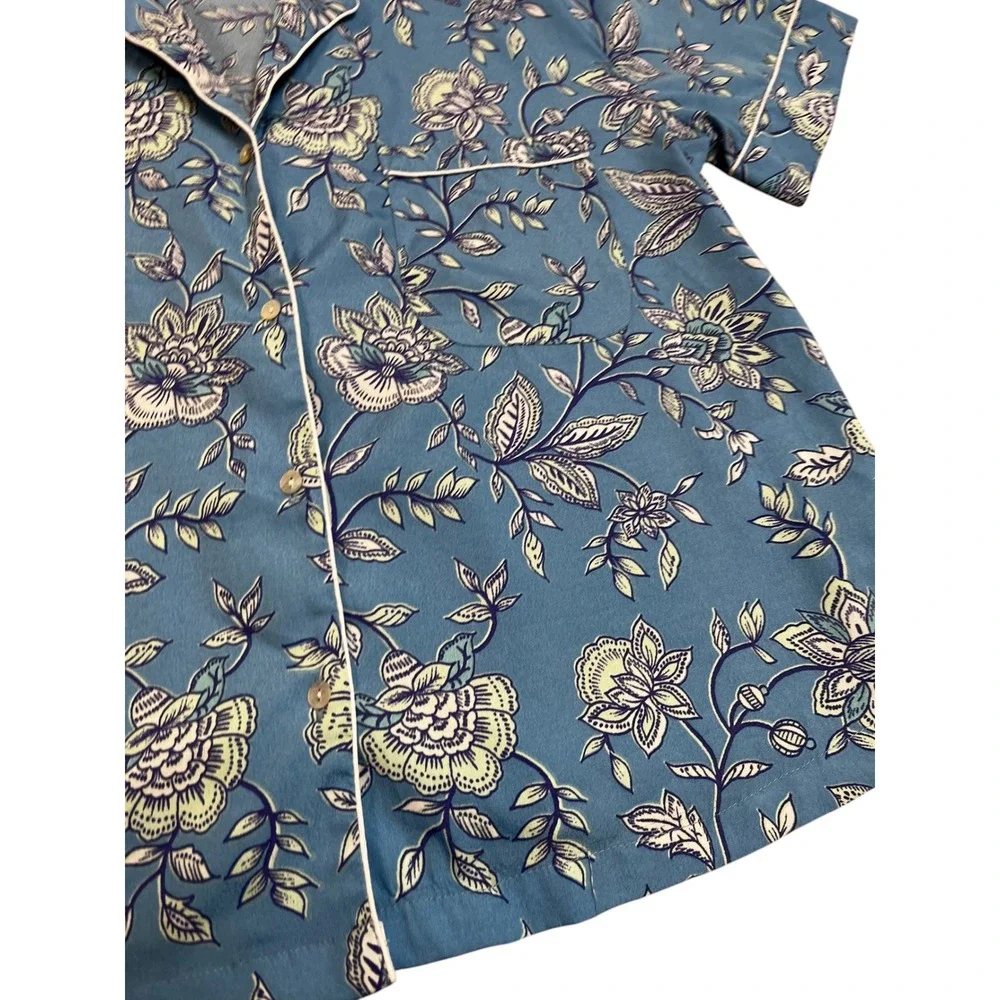 Rachel Zoe Blue Floral Button Front Pajama Top Short Sleeve XL